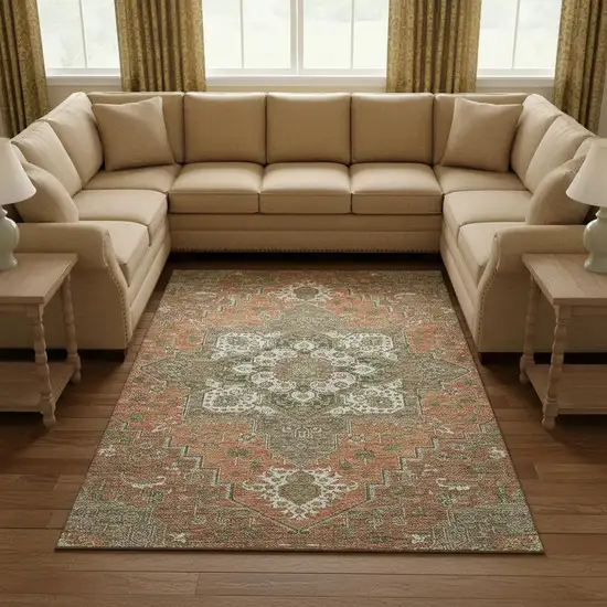 Rust Beige And Olive Green Oriental Washable Area Rug With UV Protection Photo 2