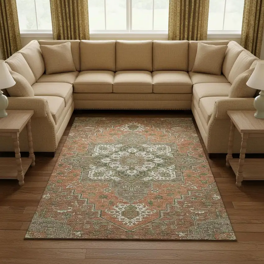 Rust Beige And Olive Green Oriental Washable Area Rug With UV Protection Photo 2