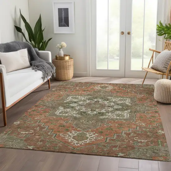 Rust Beige And Olive Green Oriental Washable Area Rug With UV Protection Photo 4