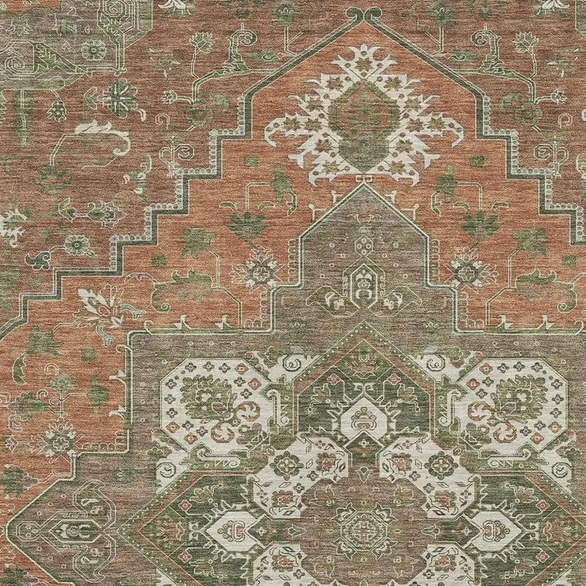 Rust Beige And Olive Green Oriental Washable Area Rug With UV Protection Photo 2