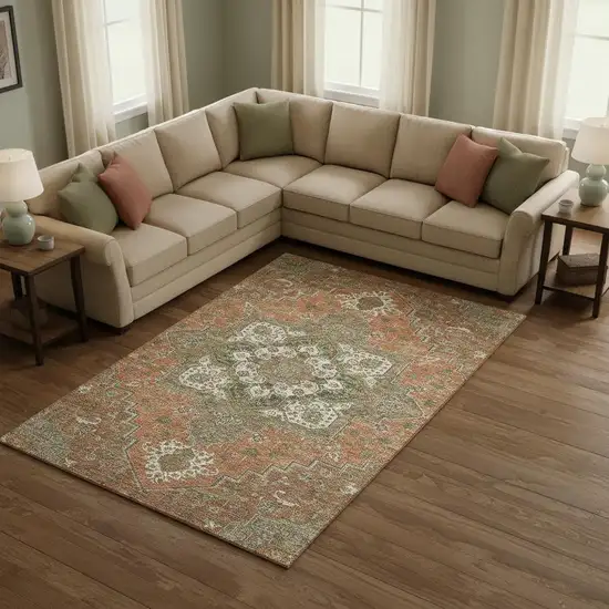 Rust Beige And Olive Green Oriental Washable Area Rug With UV Protection Photo 2