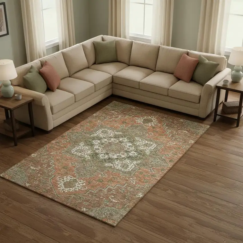 Rust Beige And Olive Green Oriental Washable Area Rug With UV Protection Photo 2