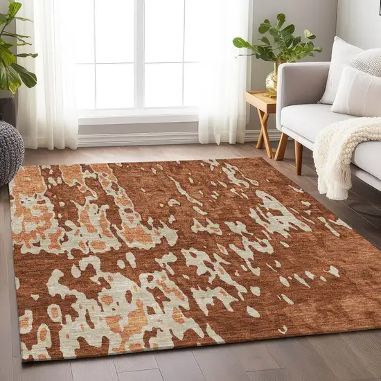 Rust Beige And Peach Abstract Washable Area Rug With UV Protection Photo 2