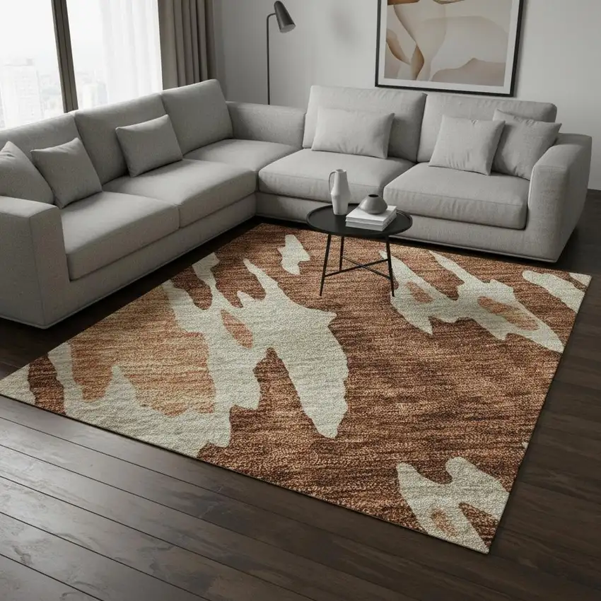 Rust Beige And Peach Abstract Washable Area Rug With UV Protection Photo 2