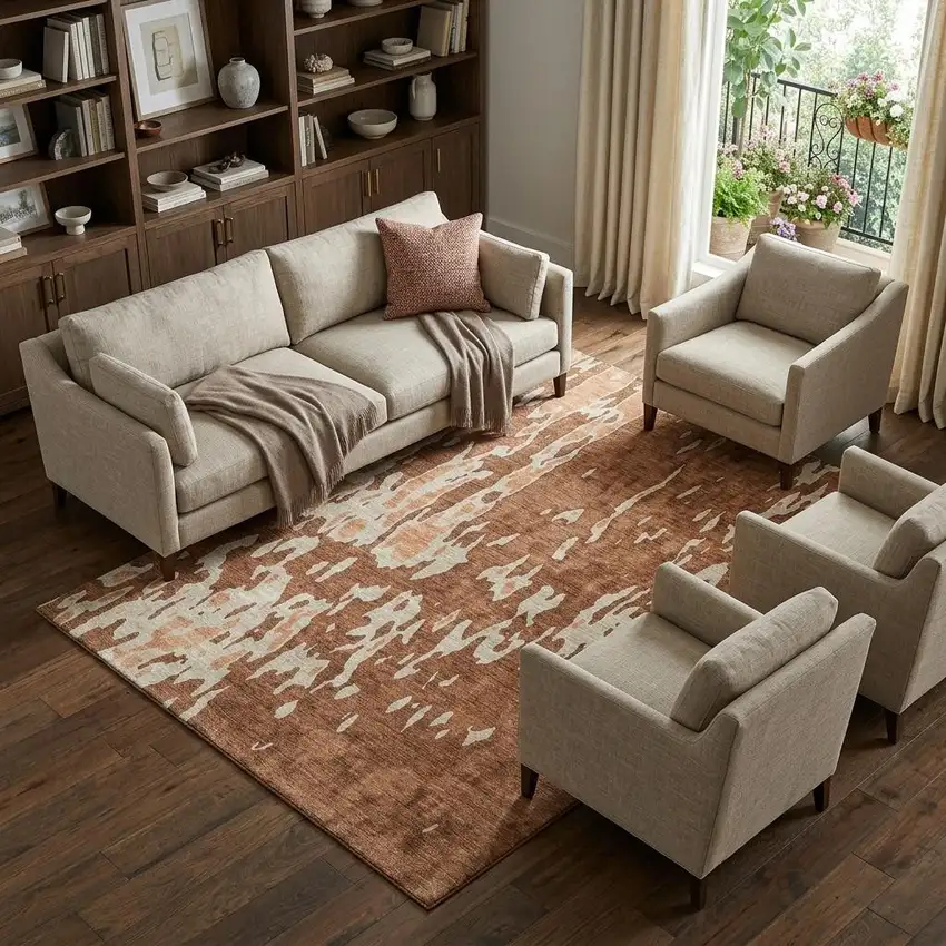 Rust Beige And Peach Abstract Washable Area Rug With UV Protection Photo 1