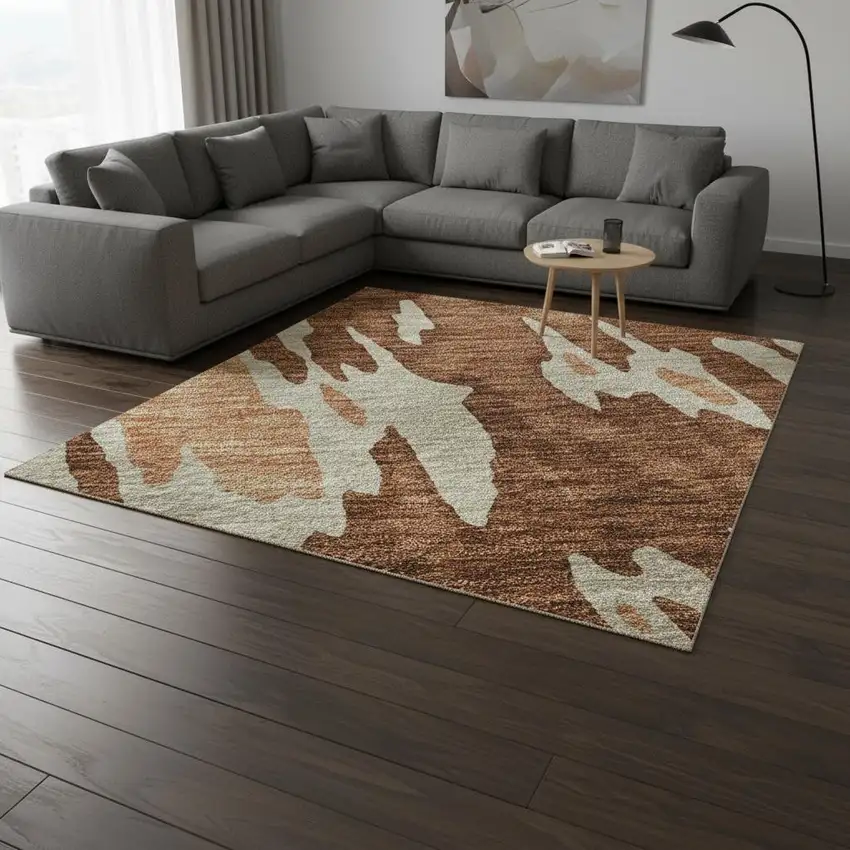 Rust Beige And Peach Abstract Washable Area Rug With UV Protection Photo 2