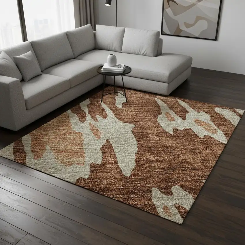 Rust Beige And Peach Abstract Washable Area Rug With UV Protection Photo 2