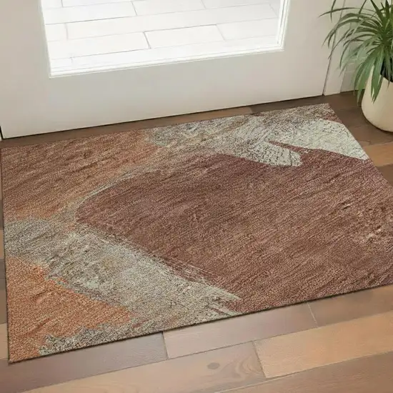 Rust Beige And Peach Abstract Washable Area Rug With UV Protection Photo 2