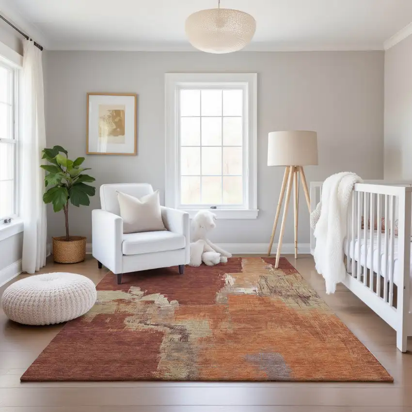 Rust Beige And Peach Abstract Washable Area Rug With UV Protection Photo 5