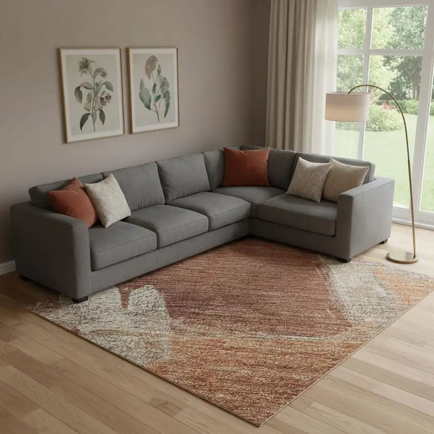 Rust Beige And Peach Abstract Washable Area Rug With UV Protection Photo 2