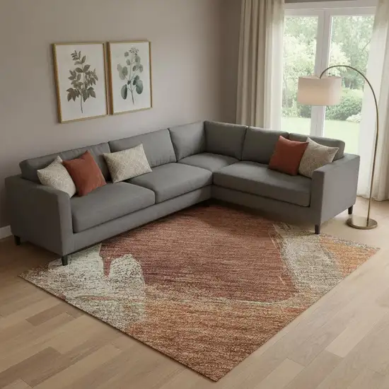 Rust Beige And Peach Abstract Washable Area Rug With UV Protection Photo 2