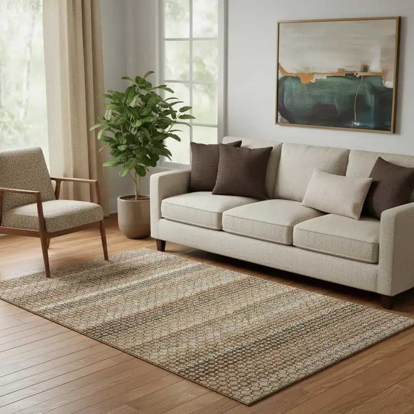 Rust Beige And Taupe Striped Washable Area Rug With UV Protection Photo 2