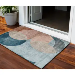 Photo of Rust Beige And Teal Blue Geometric Washable Indoor Outdoor Area Rug