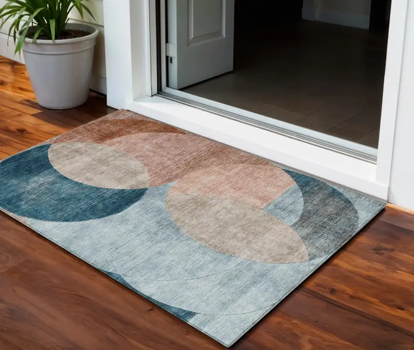 Rust Beige And Teal Blue Geometric Washable Indoor Outdoor Area Rug Photo 1