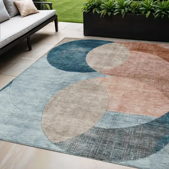 Rust Beige And Teal Blue Geometric Washable Indoor Outdoor Area Rug Photo 1