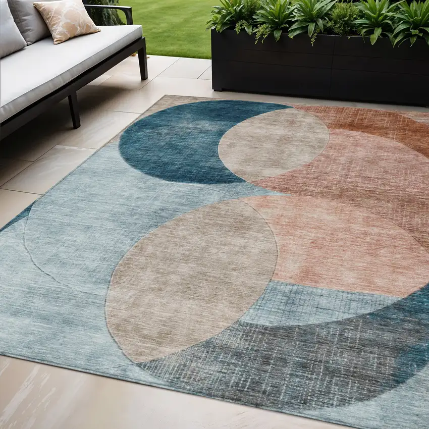 Rust Beige And Teal Blue Geometric Washable Indoor Outdoor Area Rug Photo 1