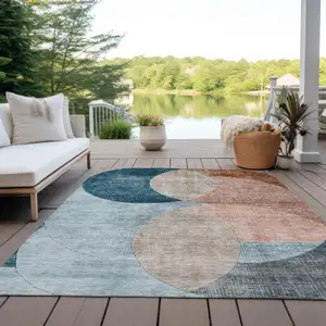 Photo of Rust Beige And Teal Blue Geometric Washable Indoor Outdoor Area Rug