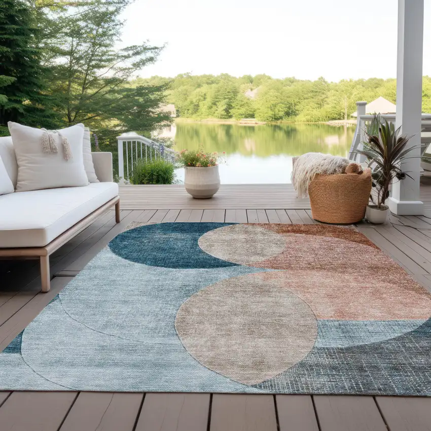 Rust Beige And Teal Blue Geometric Washable Indoor Outdoor Area Rug Photo 8