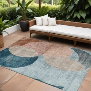 Photo of Rust Beige And Teal Blue Geometric Washable Indoor Outdoor Area Rug