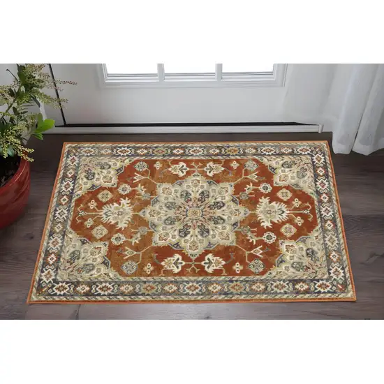 Rust Beige Teal Blue And Gold Oriental Power Loom Stain Resistant Area Rug Photo 1