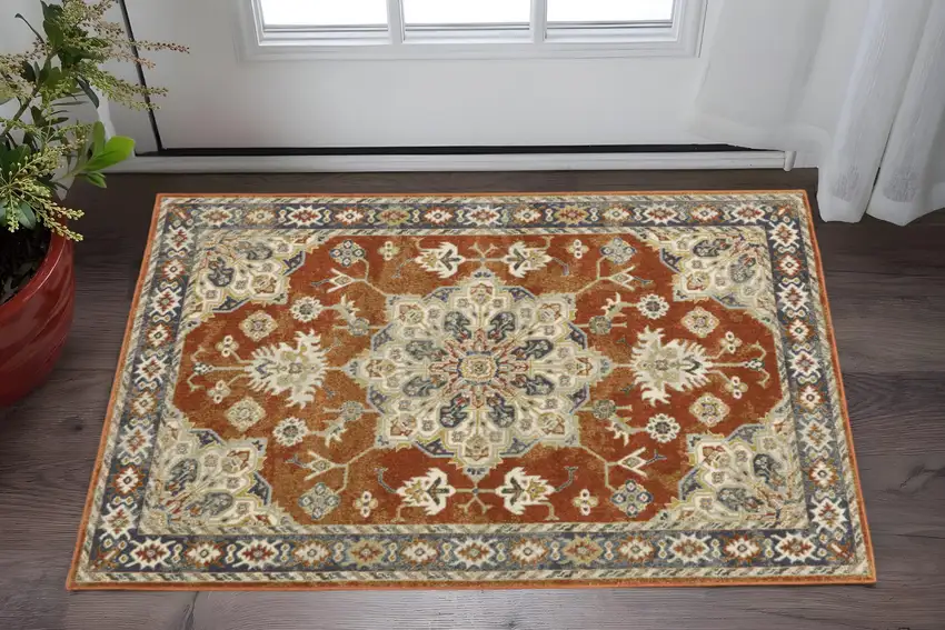 Rust Beige Teal Blue And Gold Oriental Power Loom Stain Resistant Area Rug Photo 1
