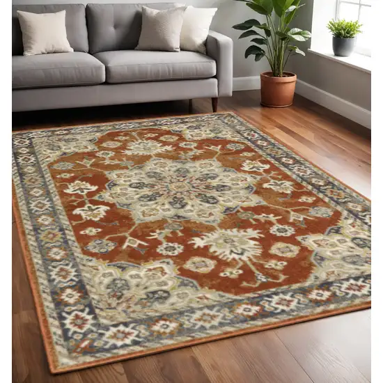 Rust Beige Teal Blue And Gold Oriental Power Loom Stain Resistant Area Rug Photo 1