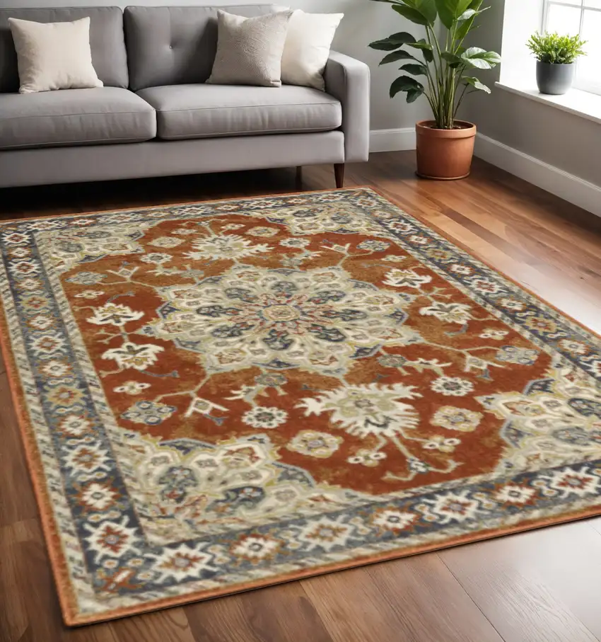 Rust Beige Teal Blue And Gold Oriental Power Loom Stain Resistant Area Rug Photo 1