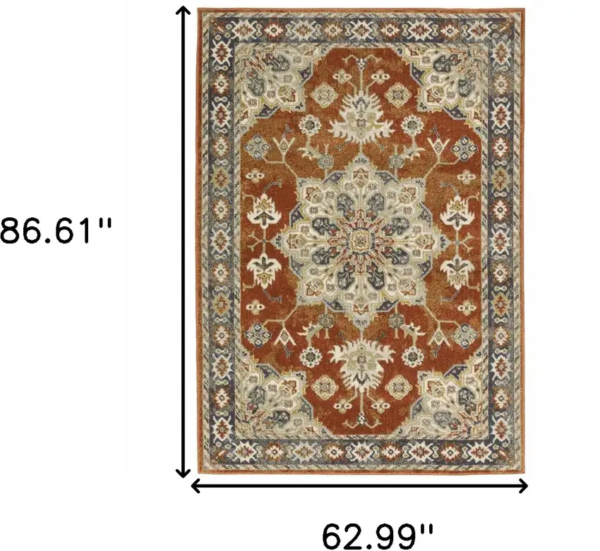 Rust Beige Teal Blue And Gold Oriental Power Loom Stain Resistant Area Rug Photo 10