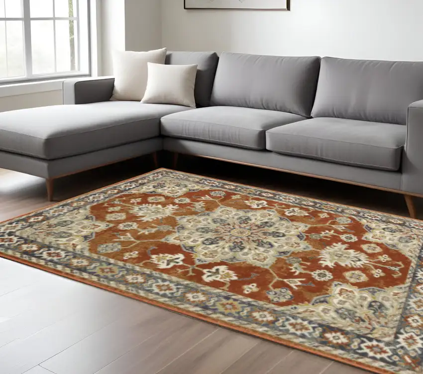 Rust Beige Teal Blue And Gold Oriental Power Loom Stain Resistant Area Rug Photo 1