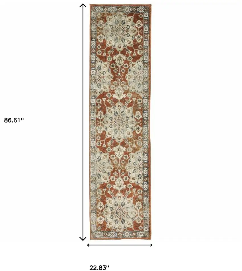 Rust Beige Teal Blue And Gold Oriental Power Loom Stain Resistant Runner Rug Photo 9