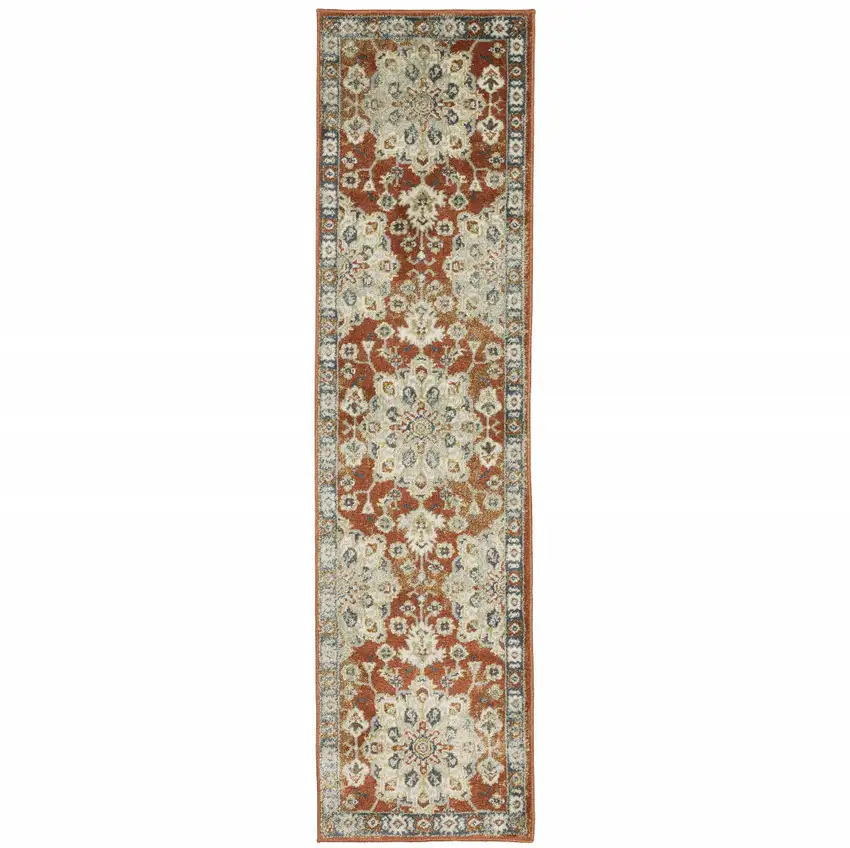 Rust Beige Teal Blue And Gold Oriental Power Loom Stain Resistant Runner Rug Photo 1