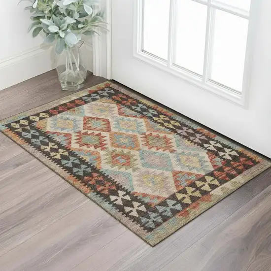 Rust Blue And Beige Tribal Washable Area Rug With UV Protection Photo 2