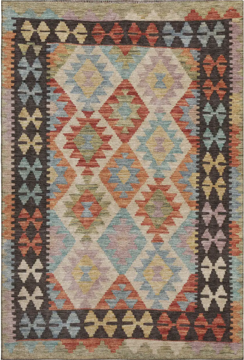 Rust Blue And Beige Tribal Washable Area Rug With UV Protection Photo 1