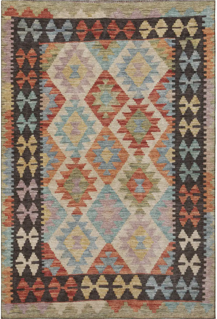 Rust Blue And Beige Tribal Washable Area Rug With UV Protection Photo 4