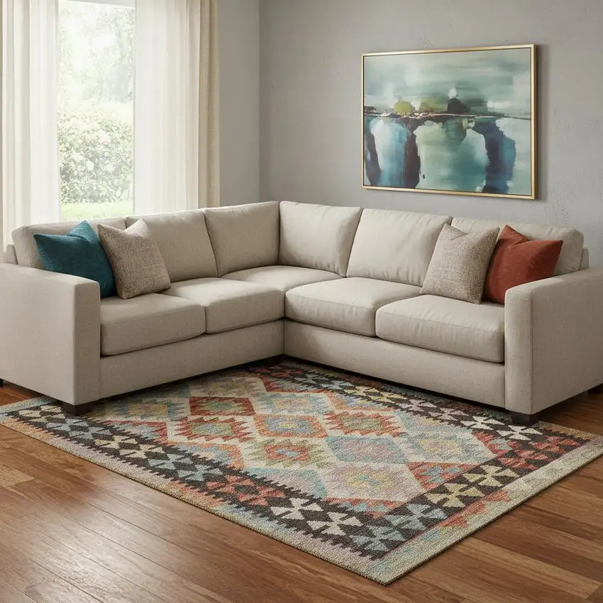 Rust Blue And Beige Tribal Washable Area Rug With UV Protection Photo 2