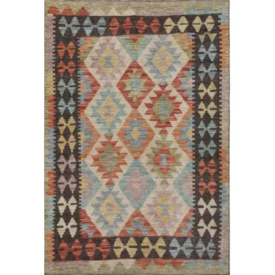 Rust Blue And Beige Tribal Washable Area Rug With UV Protection Photo 4