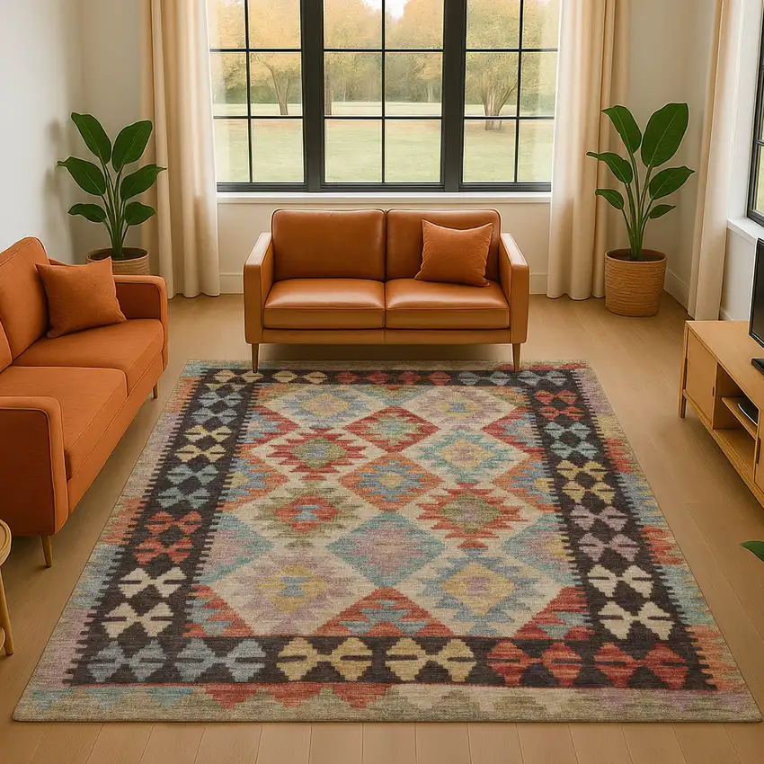 Rust Blue And Beige Tribal Washable Area Rug With UV Protection Photo 5