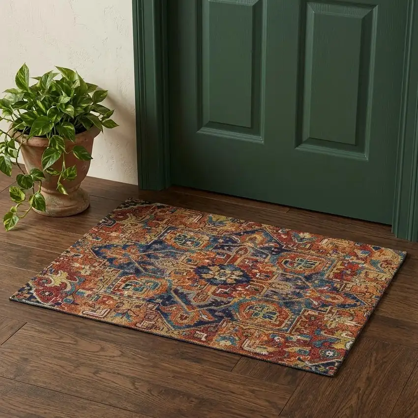 Rust Blue And Gold Oriental Washable Area Rug With UV Protection Photo 1