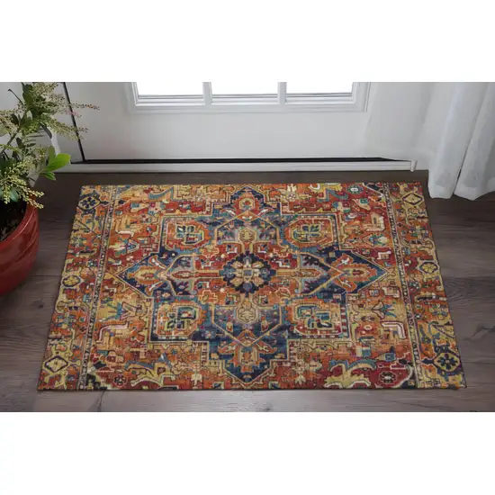 Rust Blue And Gold Oriental Washable Area Rug With UV Protection Photo 2