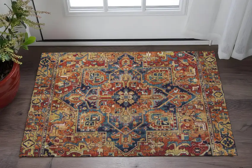 Rust Blue And Gold Oriental Washable Area Rug With UV Protection Photo 2