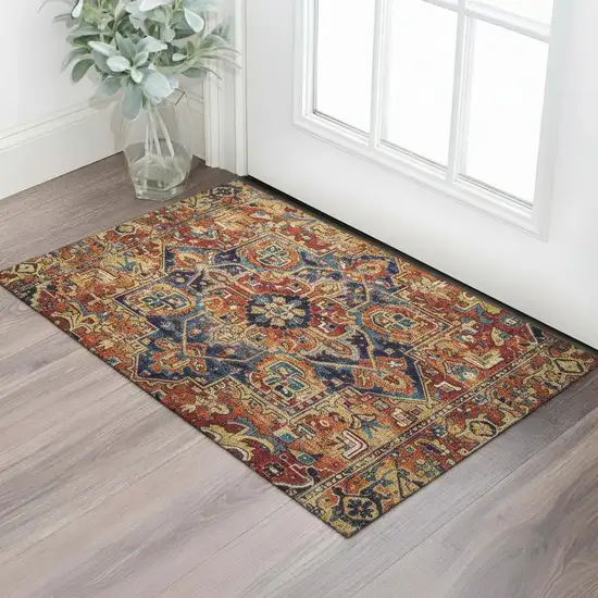 Rust Blue And Gold Oriental Washable Area Rug With UV Protection Photo 1