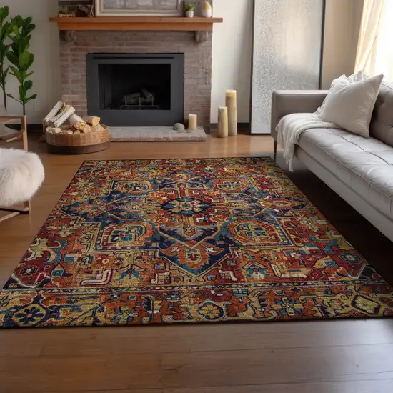 Rust Blue And Gold Oriental Washable Area Rug With UV Protection Photo 7