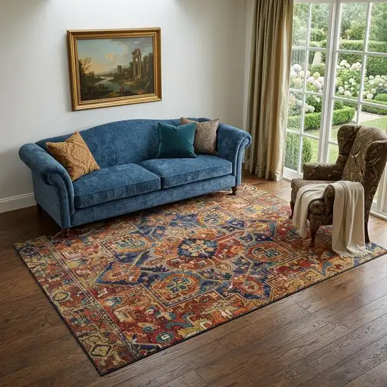 Rust Blue And Gold Oriental Washable Area Rug With UV Protection Photo 1