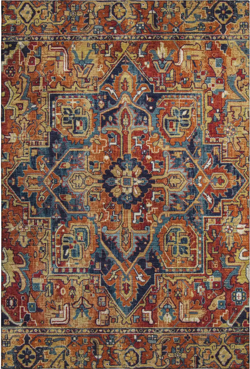 Rust Blue And Gold Oriental Washable Area Rug With UV Protection Photo 1