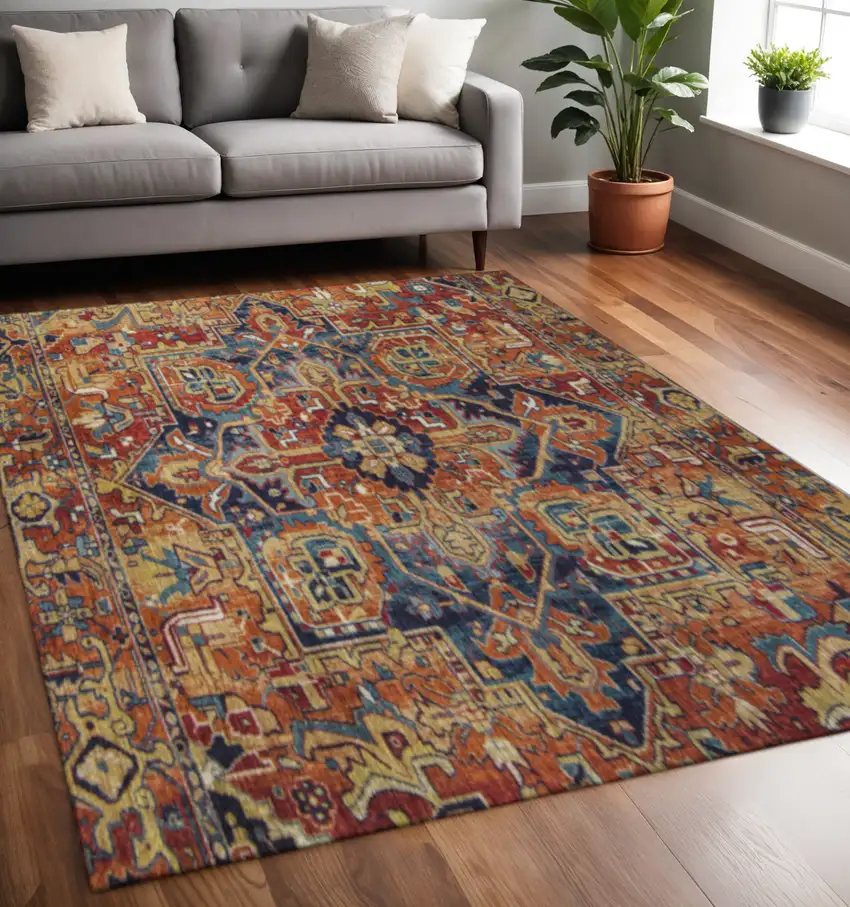 Rust Blue And Gold Oriental Washable Area Rug With UV Protection Photo 3