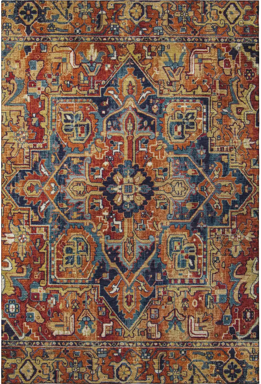 Rust Blue And Gold Oriental Washable Area Rug With UV Protection Photo 4
