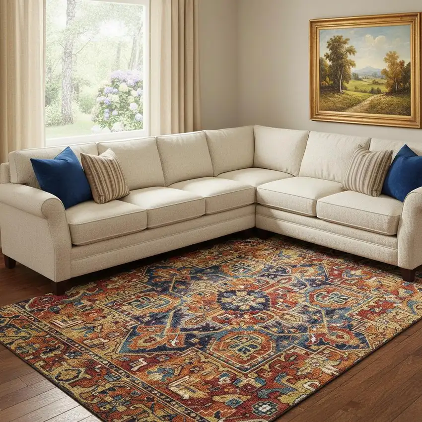 Rust Blue And Gold Oriental Washable Area Rug With UV Protection Photo 1