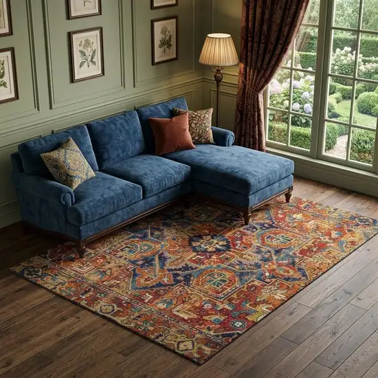 Rust Blue And Gold Oriental Washable Area Rug With UV Protection Photo 1