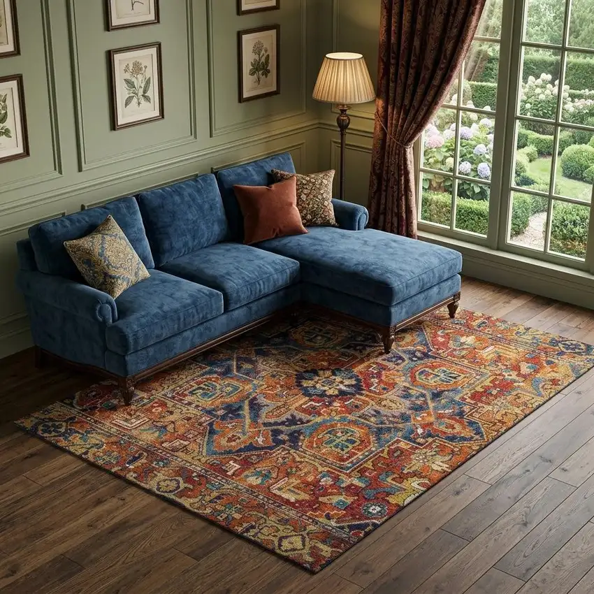 Rust Blue And Gold Oriental Washable Area Rug With UV Protection Photo 1