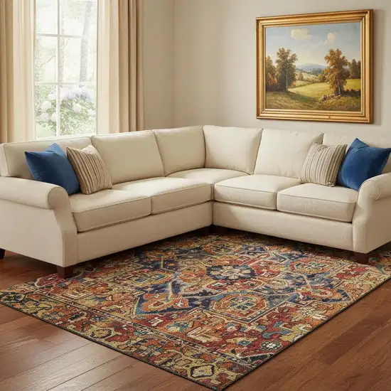 Rust Blue And Gold Oriental Washable Area Rug With UV Protection Photo 1